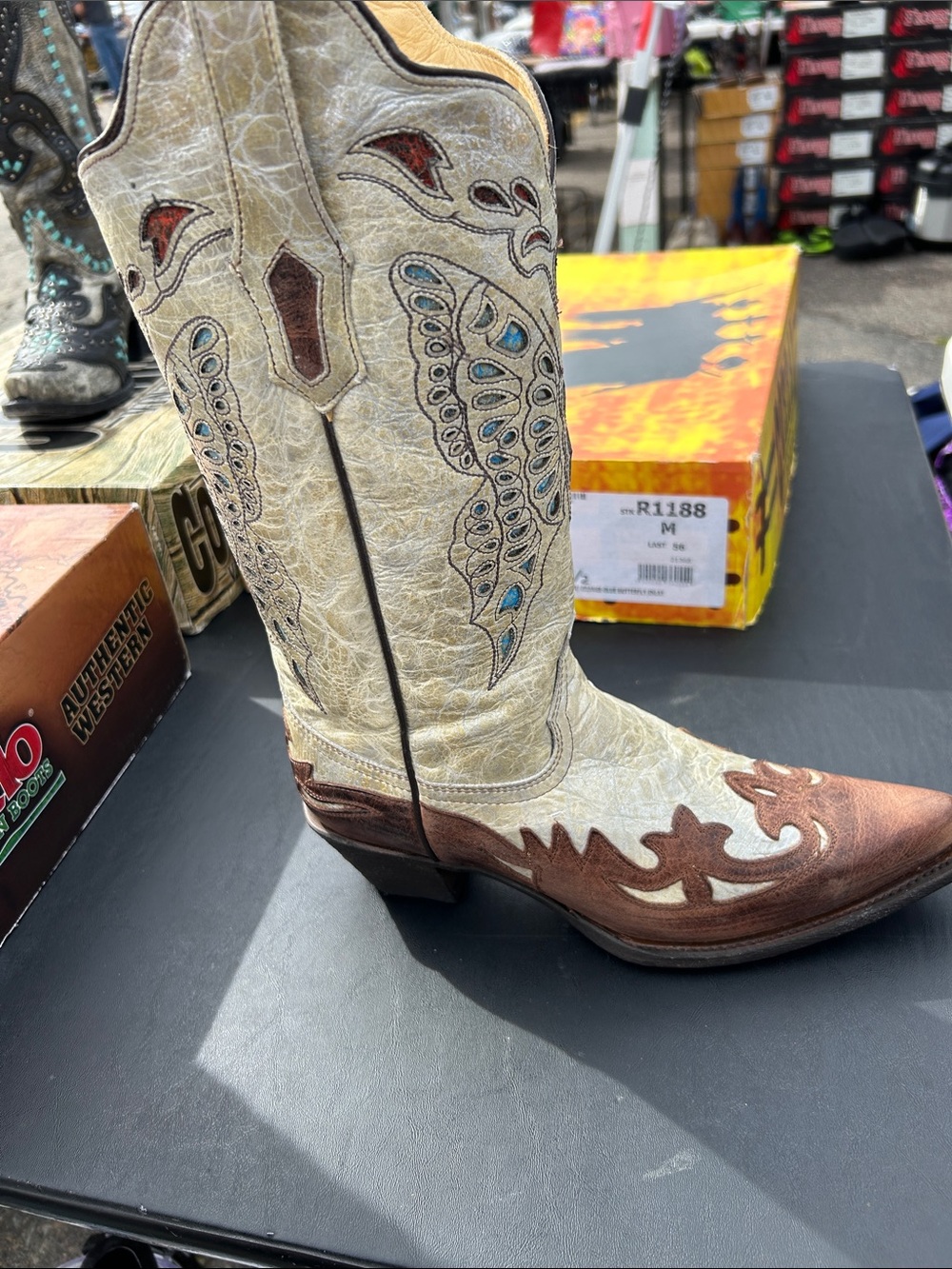 Women's Two-Tone Cream and Brown Embroidered Lace-Up Western Boots